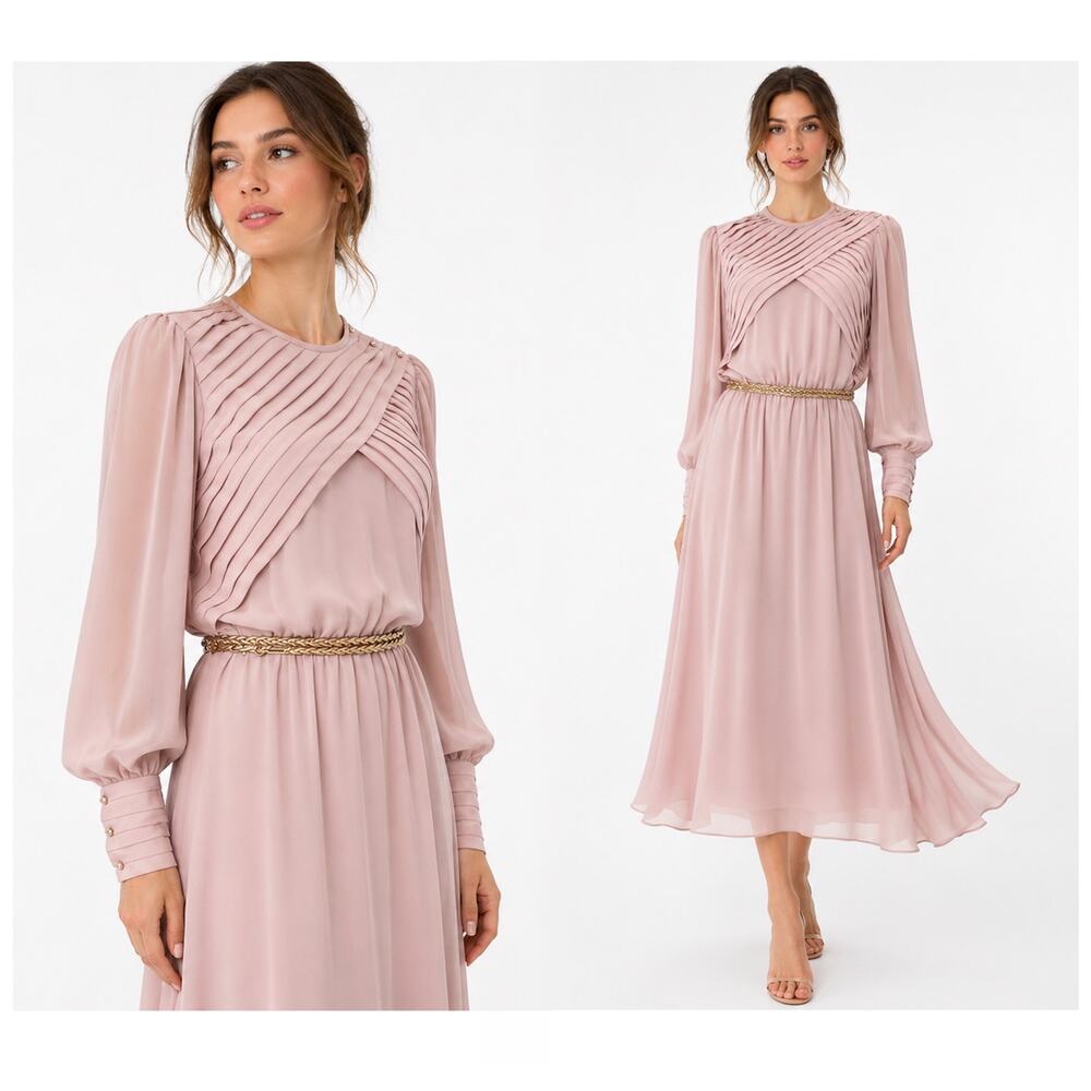 70s Blush Sheer Chiffon Midi Dress • Romantic Draped Bodice • S